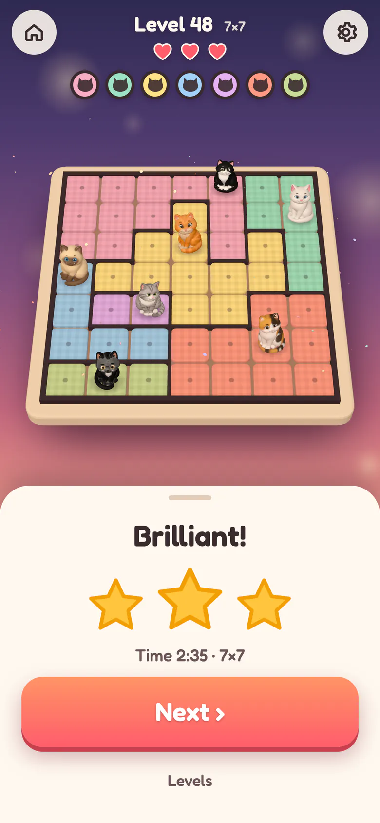 Win sheet saying Brilliant! with three gold stars and the time, the solved board with its cats above it.