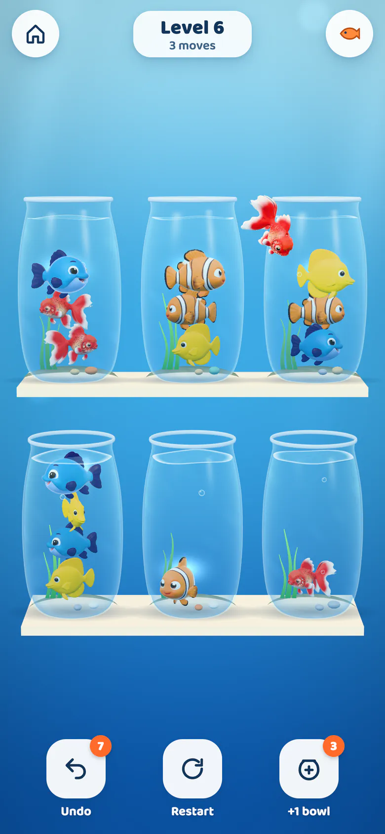 Level 6: a red goldfish leaps in an arc from one glass bowl to another.