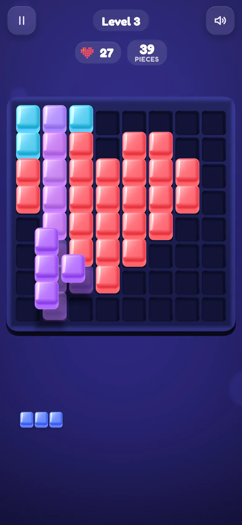 Adventure level 3: a purple piece is dragged over a red jelly heart, its ghost showing where it will land.