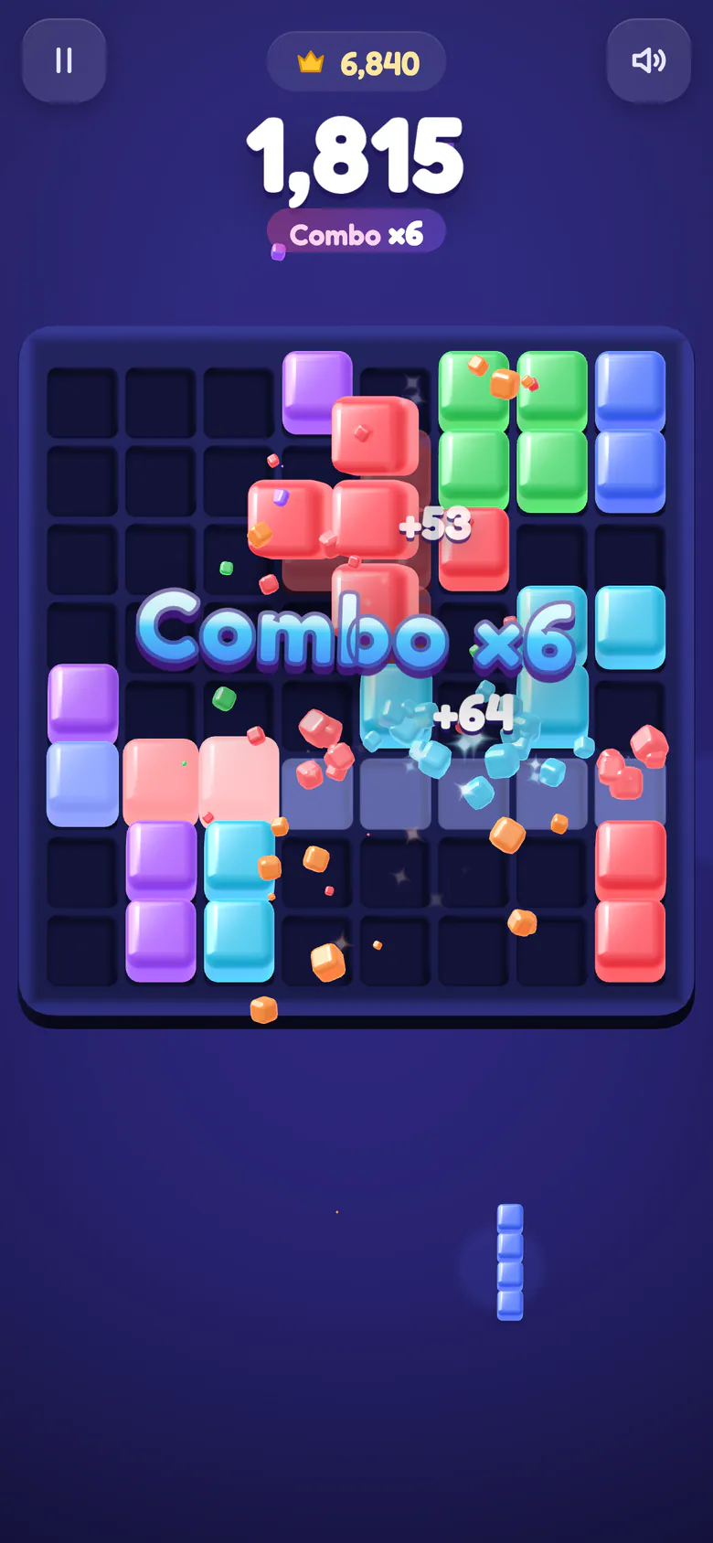 A Combo ×6 banner over a burst of jelly shards and score pops as lines clear on a crowded board.
