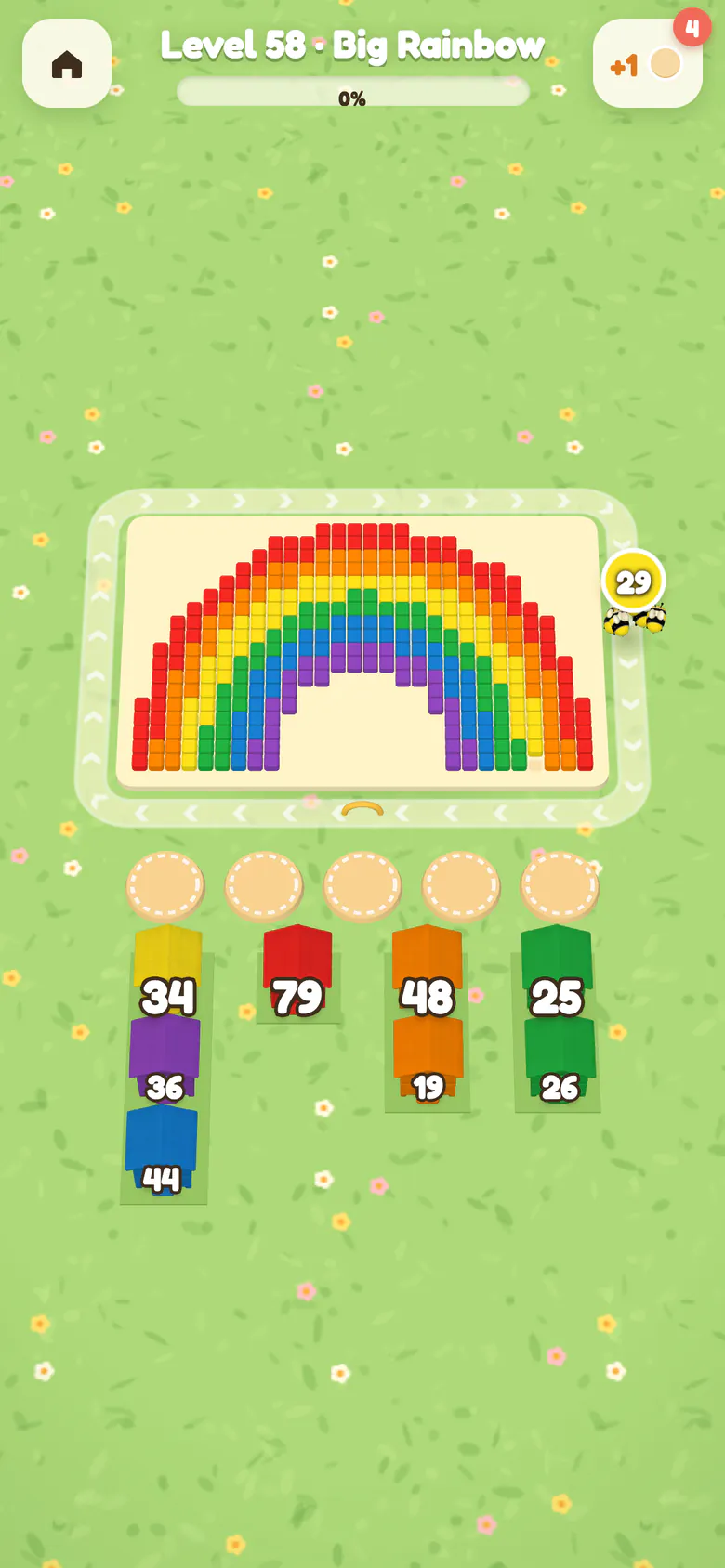 Level 58: a big pixel rainbow with a swarm on the loop and four columns of hives.