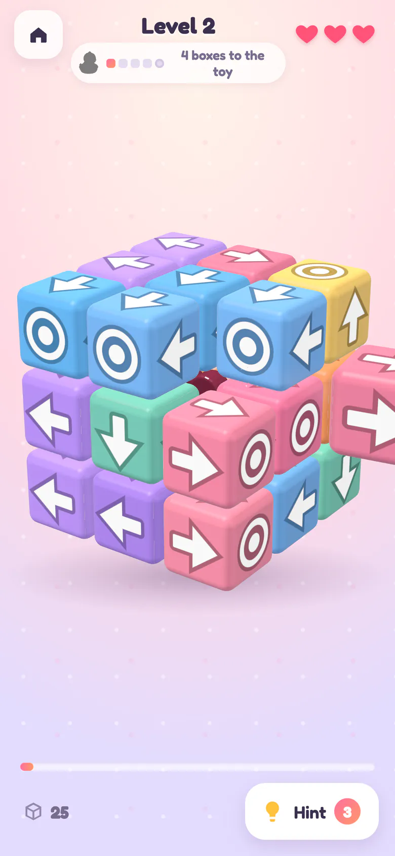 Level 2: a small arrow-block cube as a tapped pink block slides out along its arrow.