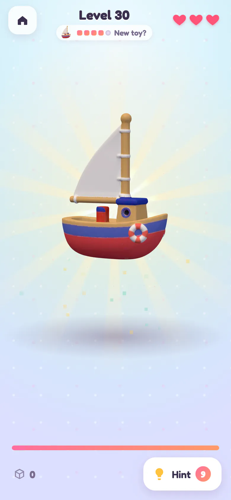 Toy reveal: a red and blue toy sailboat floats in front of a golden sunburst after the last block is cleared.