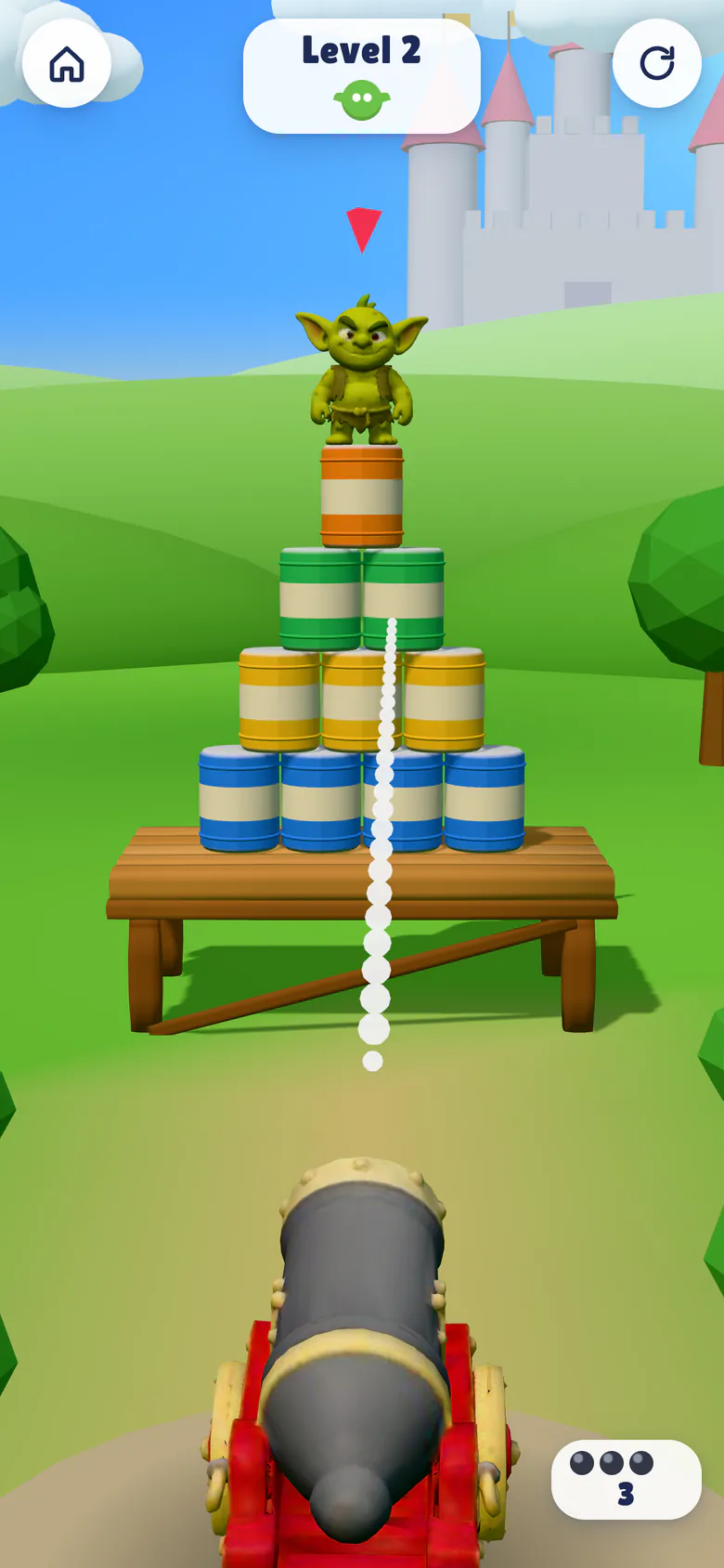 Level 2: a dotted trajectory arc from the cannon to a goblin on top of a can pyramid.