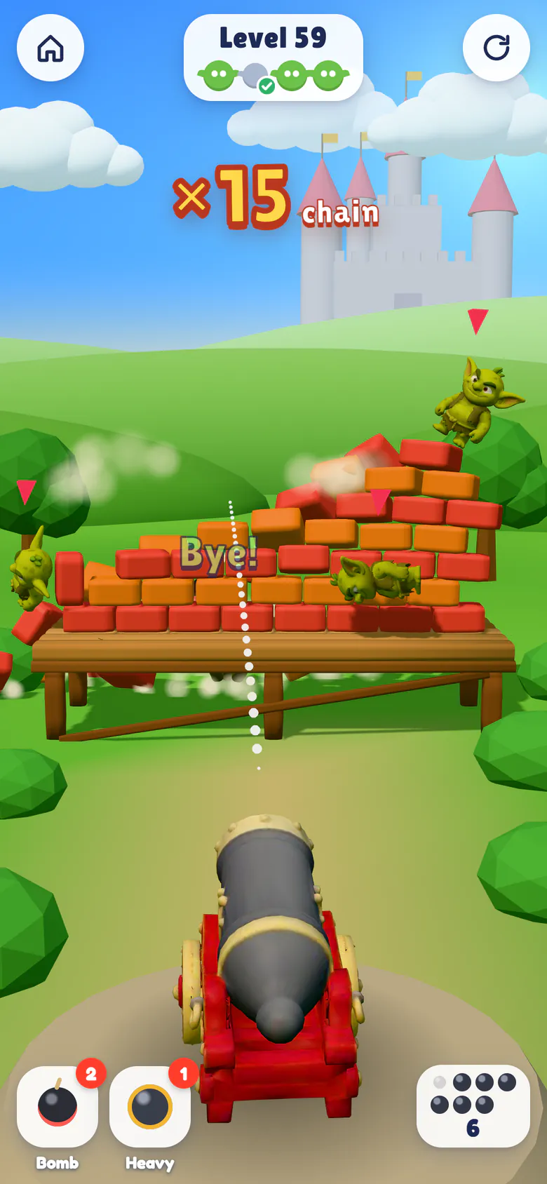 A brick wall collapses, goblins tumble off with a Bye! and a ×15 chain counter pops up.
