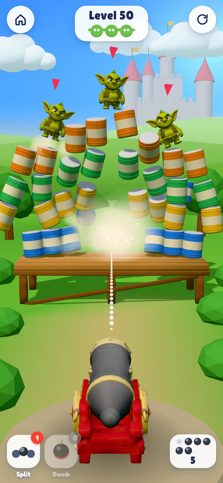 A bomb ball bursts inside towers of cans, sending cans and goblins flying.