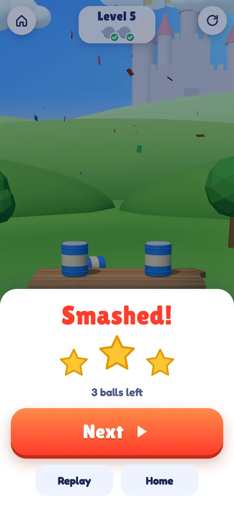 Win sheet saying Smashed! with three gold stars and 3 balls left.